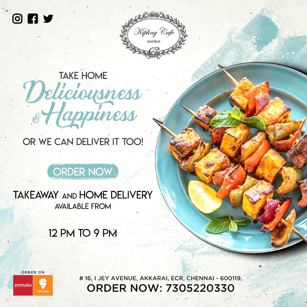 KiplingCafe's tweet photo. Take Home Deliciousness on a Plate, only from Kipling Café! Open for Takeaways and Deliveries at 7305220330, 12 pm to 9 pm! Stay safe, stay at home!! #nowopen #kiplingcafe #ecr #brandnewworld #homedelivery #takeaway #staysafe #StayAtHome https://t.co/i9ecPWDfdn