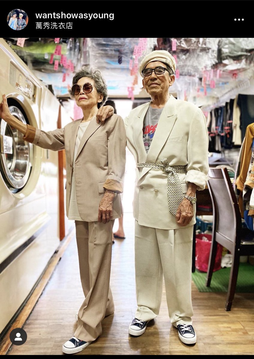bayes_baes's tweet photo. instagram account of Taiwanese couple in their 80s who pose in clothing that their customers never picked up. https://t.co/pSabBCH8zC