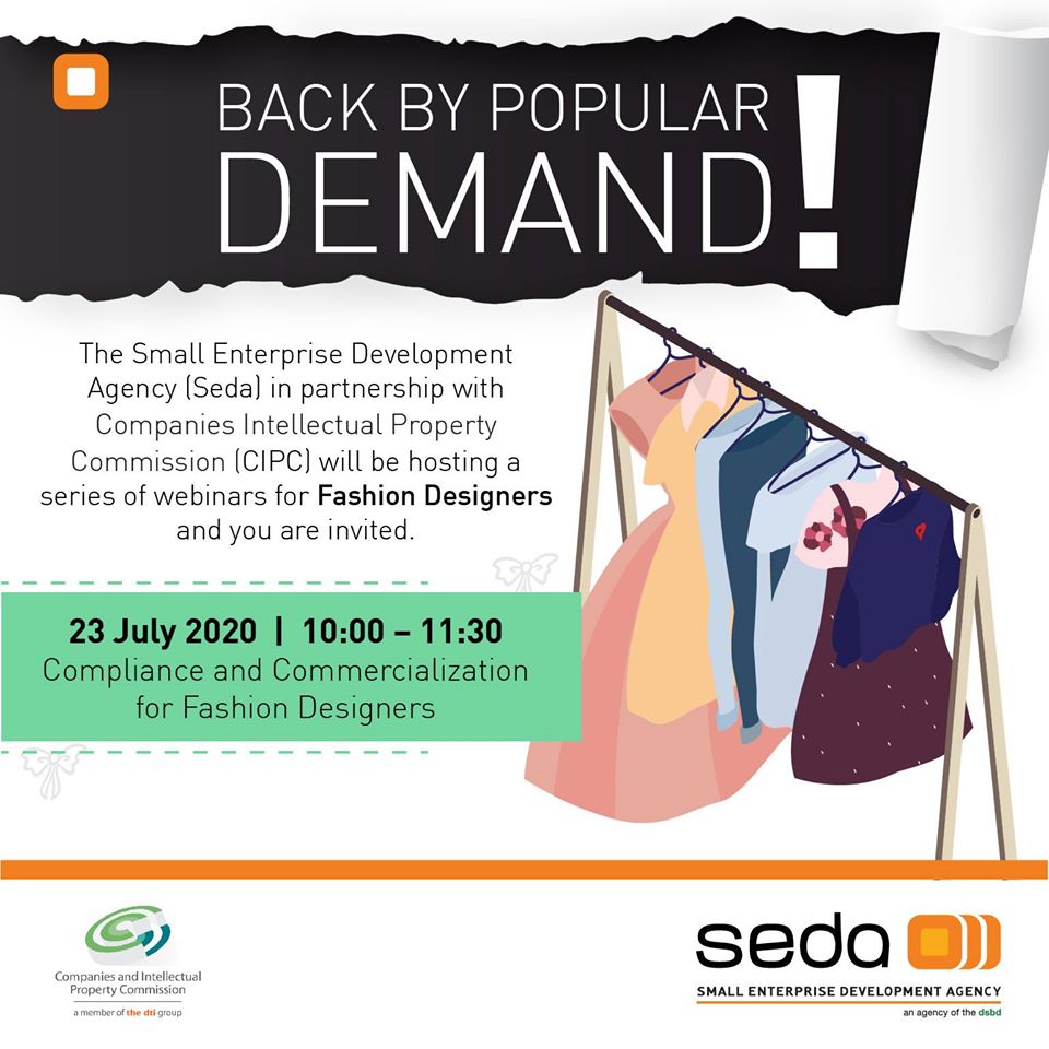 FSFCouncil's tweet photo. 𝐖𝐄𝐁𝐈𝐍𝐀𝐑 | Compliance &amp; Commercialization for #FashionDesigners brought to you by @Seda_dsbd &amp; @theCIPC | 𝐖𝐞𝐛𝐢𝐧𝐚𝐫 𝐃𝐚𝐭𝐞: Thursday, 23 July 2020 at 10 am SAST, 𝐑𝐞𝐠𝐢𝐬𝐭𝐞𝐫 𝐇𝐞𝐫𝐞: https://t.co/HSH9DwDVOp https://t.co/nsRbo6VPbx