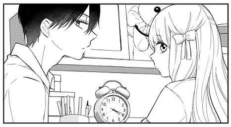 山田&瑠奈。この二人の間にある目覚まし時計は3D素材なのですが、まるっとしてて線も綺麗に出て可愛くてお気に入りなので作中で時々使ってます⏰ 