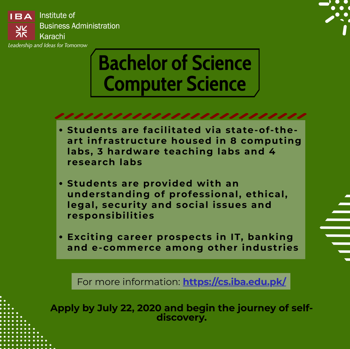 ibakhiofficial's tweet photo. Admissions are now open for BS-Computer Science and BS-Economics &amp; Mathematics
Application Link: https://t.co/zSHGXT7b0r
Form Submission Deadline: July 22, 2020
For more details, please visit: https://t.co/KnHAhuzMkw

#IBAKarachi #AdmissionsOpen #BSEcoMaths #BSComputerScience https://t.co/M3ATOo5FeX
