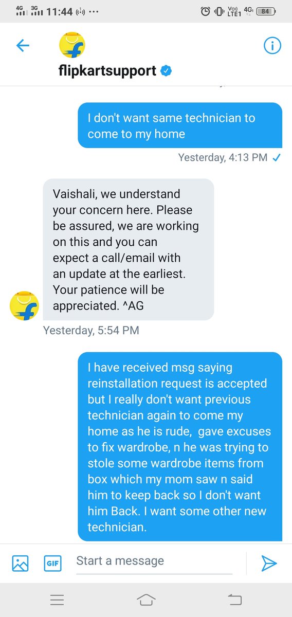 VaishaliSK1's tweet photo. @_Kalyan_K @_sachinbansal @Flipkart @flipkartsupport @flipkart_review # Ridiculous service by ur support team, seriously I don't understand is this joke or Wat.?  After telling 1000times even though u guys again arranged same technician to visit my home who is thief. https://t.co/ygeep96LgP