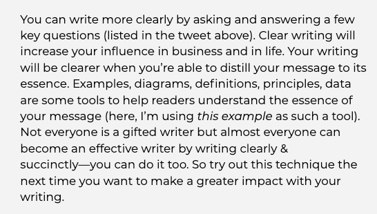 A self-referential example that answers each of these 6 questions for the topic of “Writing Clearly”