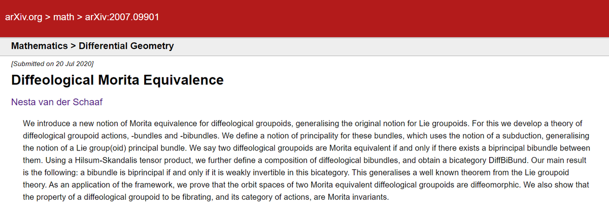 nestamatician's tweet photo. New (and my first-ever!) preprint now available on the arXiv!
https://t.co/WXvp5fSwEI
We introduce and study a notion of Morita equivalence for diffeological groupoids, generalising some results on Lie groupoids along the way. https://t.co/SWXYAOneci