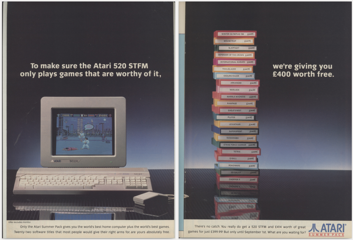 OldTechAdverts's tweet photo. #Atari User Magazine June 1988 Pg30-31
Double page advert for #Atari520STFM, comes with over £400 of software, including the classic Tetris and Defender of the Crown. The colour monitor is not included.
https://t.co/p1UD3mUA6S https://t.co/l8dZ4z9xMA