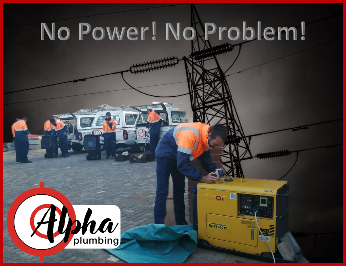 AlphaPlumbing4's tweet photo. NO POWER! NO PROBLEM! Alpha Plumbing plan for outages so we are always available 24/7. Honeydew area has been subject to a power outage since Friday and Dewald doesn't even break stride - checking fuel levels on the generator while having his morning coffee.
Tel. 010 823 8444 https://t.co/Ij7O09iaUh