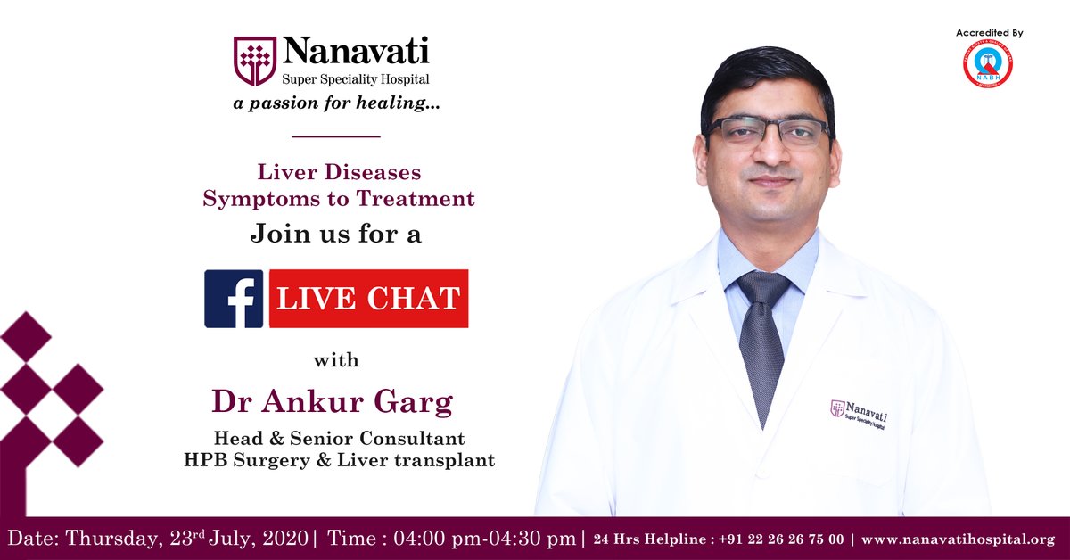 Nanavati_H's tweet photo. Join us for Facebook Live Chat with Dr. Ankur Garg, Head & Senior Consultant, HPB Surgery & Liver Transplant to know more about Liver disease symptoms & treatment on 23rd July 2020 at 04.00pm
#NanavatiHospital #Mumbai #FacebookLiveChat #Health #Healthcare https://t.co/cO1pvrWhgP