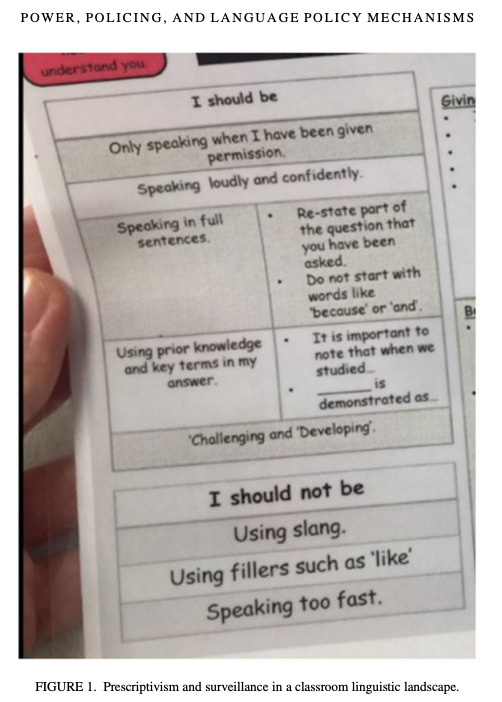 ian_cushing's tweet photo. My recent article in Language in Society is now (fully!) open access. It's a critique of the argument that prescriptivism in schools is, in the words of one policy maker, 'almost dead' and looks at punitive, coercive and controlling policies such as this 👇https://t.co/6T5280svyj https://t.co/parD1QCpcd