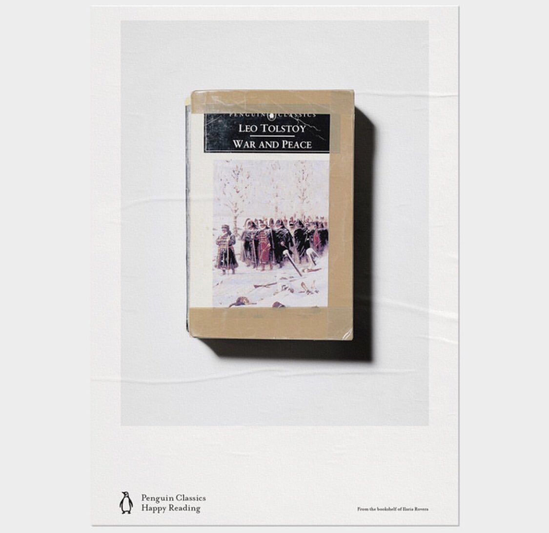 GrtBritDesign's tweet photo. 070 – Sam Voulters, Brand Director at @PenguinBooks worked with in-house designer Tom Etherington to create these simple and beautiful ads. 

The books used are real and they were borrowed from real owners. https://t.co/gKiBatgQ5N
