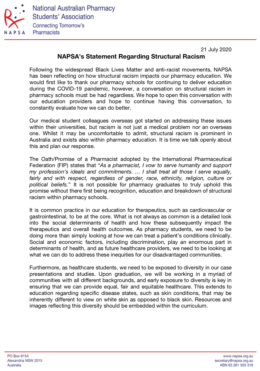 NAPSA_Rx's tweet photo. Media Release: NAPSA has been reflecting on how structural racism impacts our pharmacy education. The below statement was sent out as a letter to the heads of Australian pharmacy schools yesterday to initiate this important conversation #napsa #pharmacystudent https://t.co/b67wKcLh2H