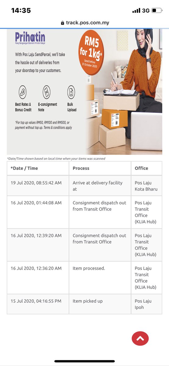 mohdfakhrulrozi's tweet photo. Sampai kat delivery facility 19/7/2020 tapi tak out for delivery lagi.

Cuba call Pos Laju Kota Bharu dia kata barang tak ada kat sini, tapi kat Padang Tembak, cuba tanya dia bila barang keluar? Dia kata tak tahu.

#poslaju
#poslajumalaysia https://t.co/EQiLQPiEE9