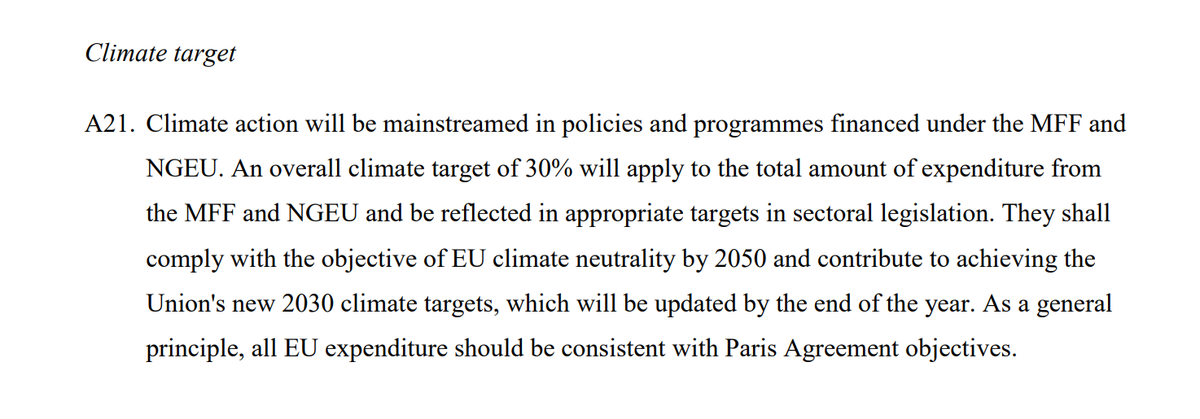 How is the goal of EU carbon neutrality by 2050 woven in?Target of 30% of all EU spending must be for achieving climate goals. There are €7.5bln in subsidies for climate transition. If member states do not commit to climate neutrality by 2050 they can only get half their share