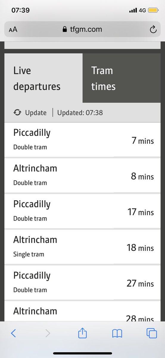 whatsername4490's tweet photo. @MCRMetrolink Except that they’re not! Said Piccadilly tram was still 7 minutes away when it was pulling into Brooklands (it also did this yesterday) - I’m only making the point as all passengers need to have plenty of time to prepare to board, i.e. mask etc 😷 https://t.co/5zMtEY6flx