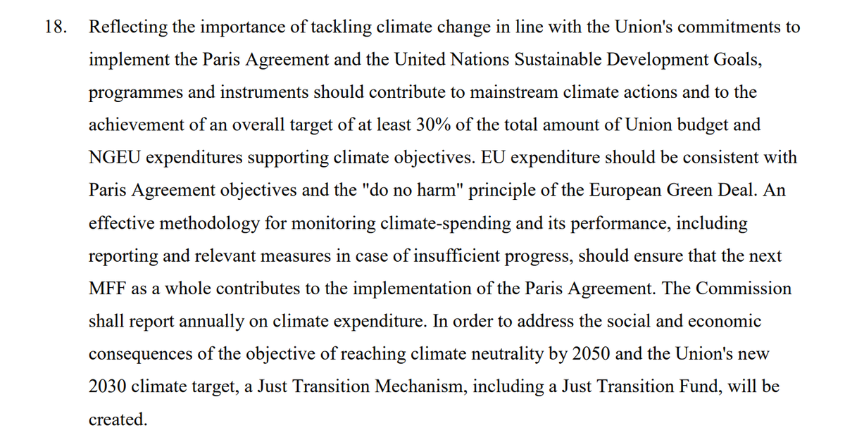 How is the goal of EU carbon neutrality by 2050 woven in?Target of 30% of all EU spending must be for achieving climate goals. There are €7.5bln in subsidies for climate transition. If member states do not commit to climate neutrality by 2050 they can only get half their share