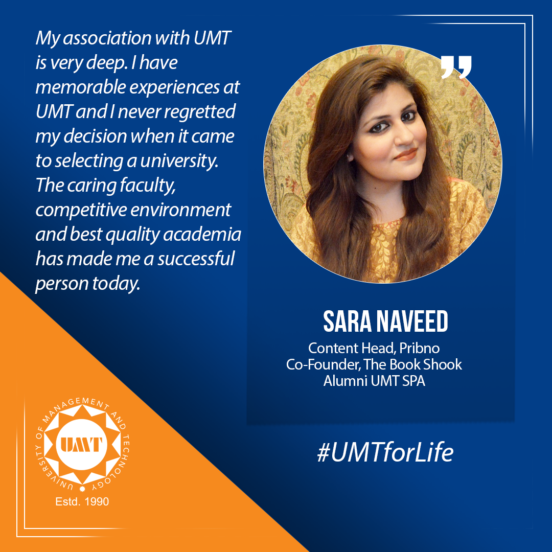 UMTOfficial's tweet photo. My association with UMT is very deep. I have memorable experiences at UMT and I never regretted my decision when it came to selecting a university. 

- Sara Naveed, Class of 2013 · Master of Banking and Finance

#myUMT #UMTforLife #UMTAlumni https://t.co/4FDJTkPRIe