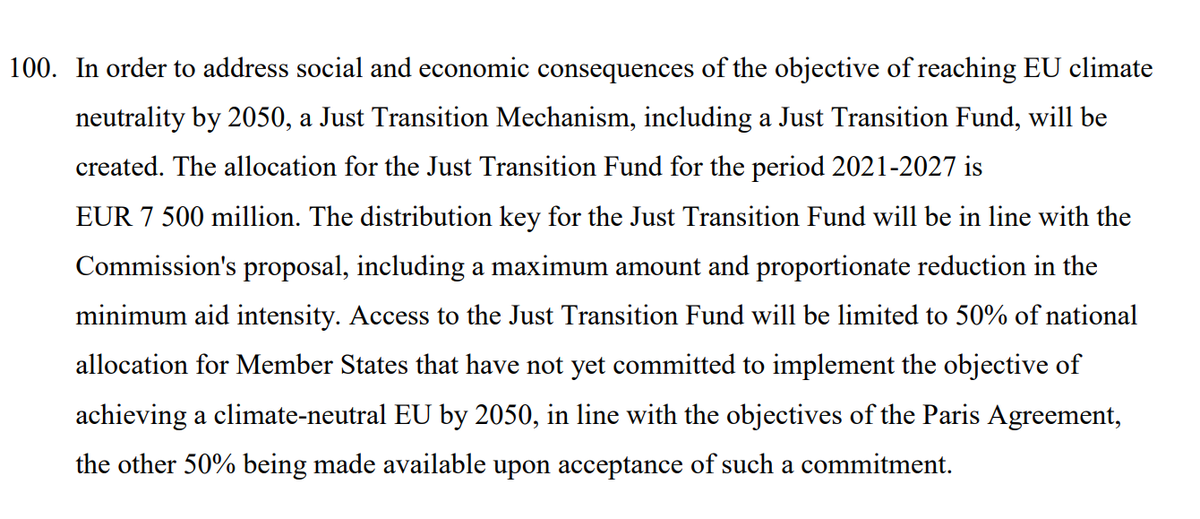 How is the goal of EU carbon neutrality by 2050 woven in?Target of 30% of all EU spending must be for achieving climate goals. There are €7.5bln in subsidies for climate transition. If member states do not commit to climate neutrality by 2050 they can only get half their share