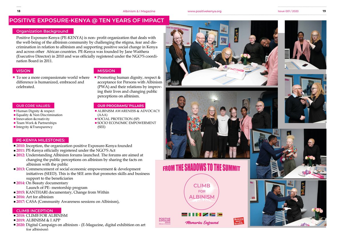 POSITIVE EXPOSURE-KENYA has been around for ten years now and have experiences some major milestones and successes, read all about it on ALBINISM &amp; I Magazine.
#OwnYourStory #AlbinismIsHumanism #ChangingTheNarrative