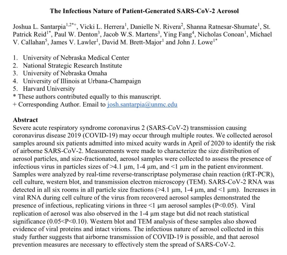 3) Just to be clear, this wasn’t aerosols generated by artificial machines like some experiments, the researchers gathered the aerosol particles from a hospital w/ patients with  #covid19. And aerosols <1 micrometers “demonstrates the prescience of infectious replicating virons”.