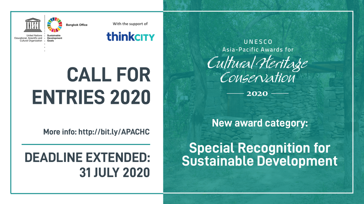 unescobangkok's tweet photo. 📢 Call for Entries: 2020 UNESCO Asia-Pacific Awards for Cultural Heritage Conservation

DEADLINE EXTENDED: 31 JULY 2020
Application and details: https://t.co/gY8EIZW1aw #HeritageAwards #Unite4Heritage https://t.co/cAzGIUhJqC