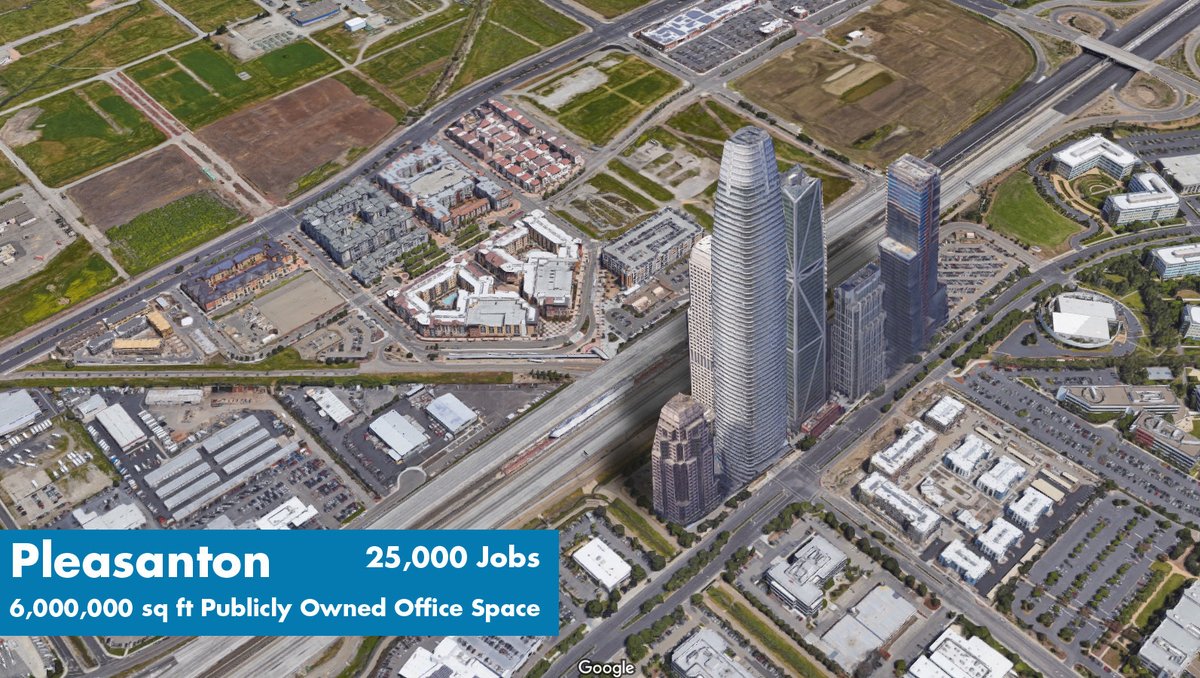 Here's an example of what office towers at the Pleasanton BART station could look like. These buildings can hold the same number of workers as an entire hour of Transbay Tube capacity. 2/