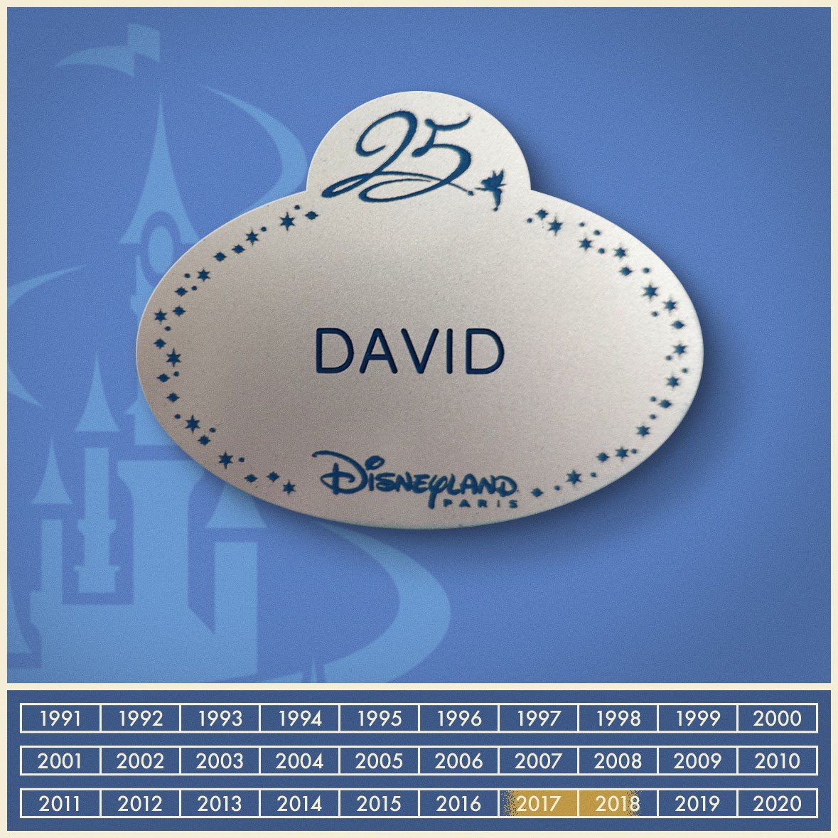 The 25th anniversary was another major event for the resort, with much of the work initiated during the previous years paying off. For the first time nametags got a shiny silver treatment which worked perfectly with the celebration’s silver and blue color palette.