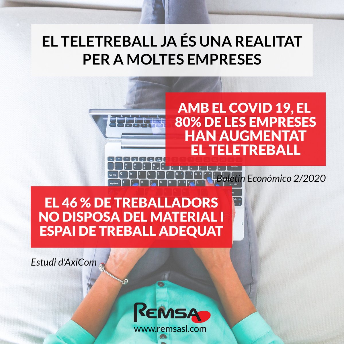 remsasl's tweet photo. Les dades sobre el teletreball han canviat dràsticament amb la crisi sanitària 💻 Quins recursos es necessiten? Ha millorat o empitjorat la productivitat? 💼 T’ho expliquem https://t.co/m1fNC5E4vf
#teletreball #remsasl https://t.co/c5GJvShhlu