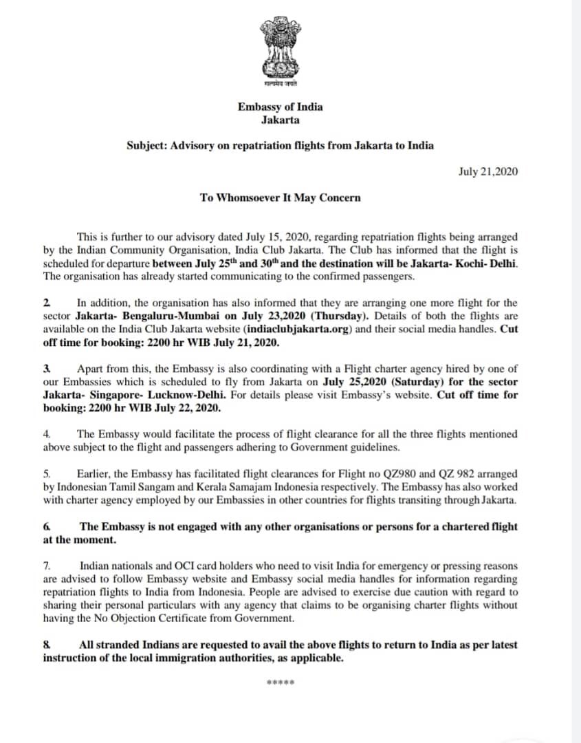 IndianEmbJkt's tweet photo. Latest Advisory on Repatriation Flights from Jakarta to India.
#advisory #latestadvisory #repatriationflight #flighttoindia https://t.co/ODE4w4zNTW
