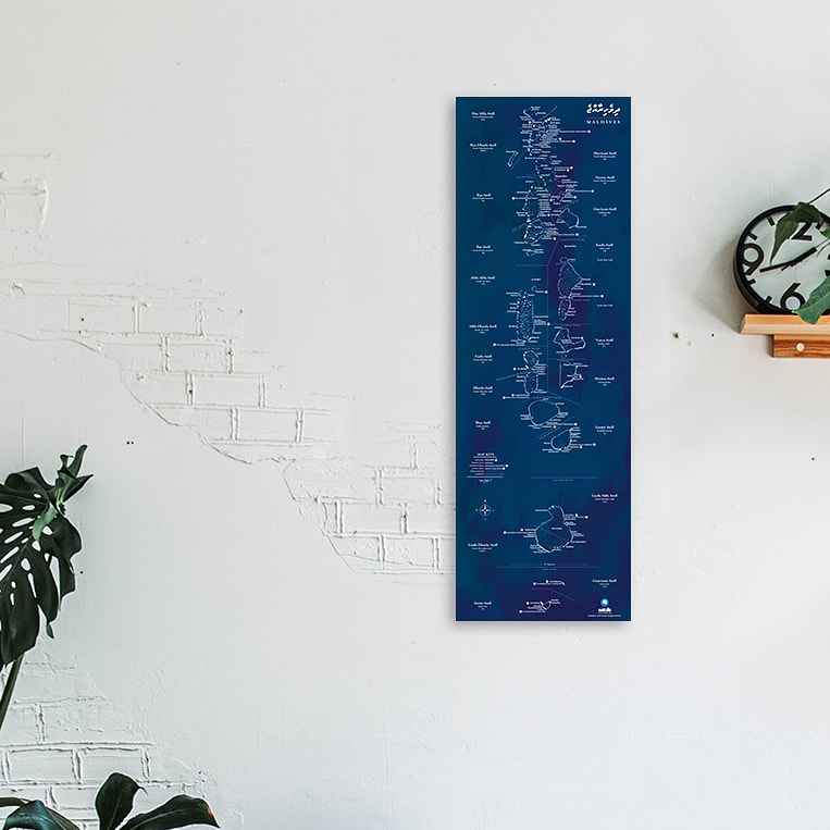 Eatolls Maps Ready for your wall, Dark Blue basic edition 3x1ft comes with 3mm form board. Information on basic editions: inhabited islands, airports, names of the main sea channels. #mapofmaldives #printmap #eatollsprintmap #eatollsmap #eatolls