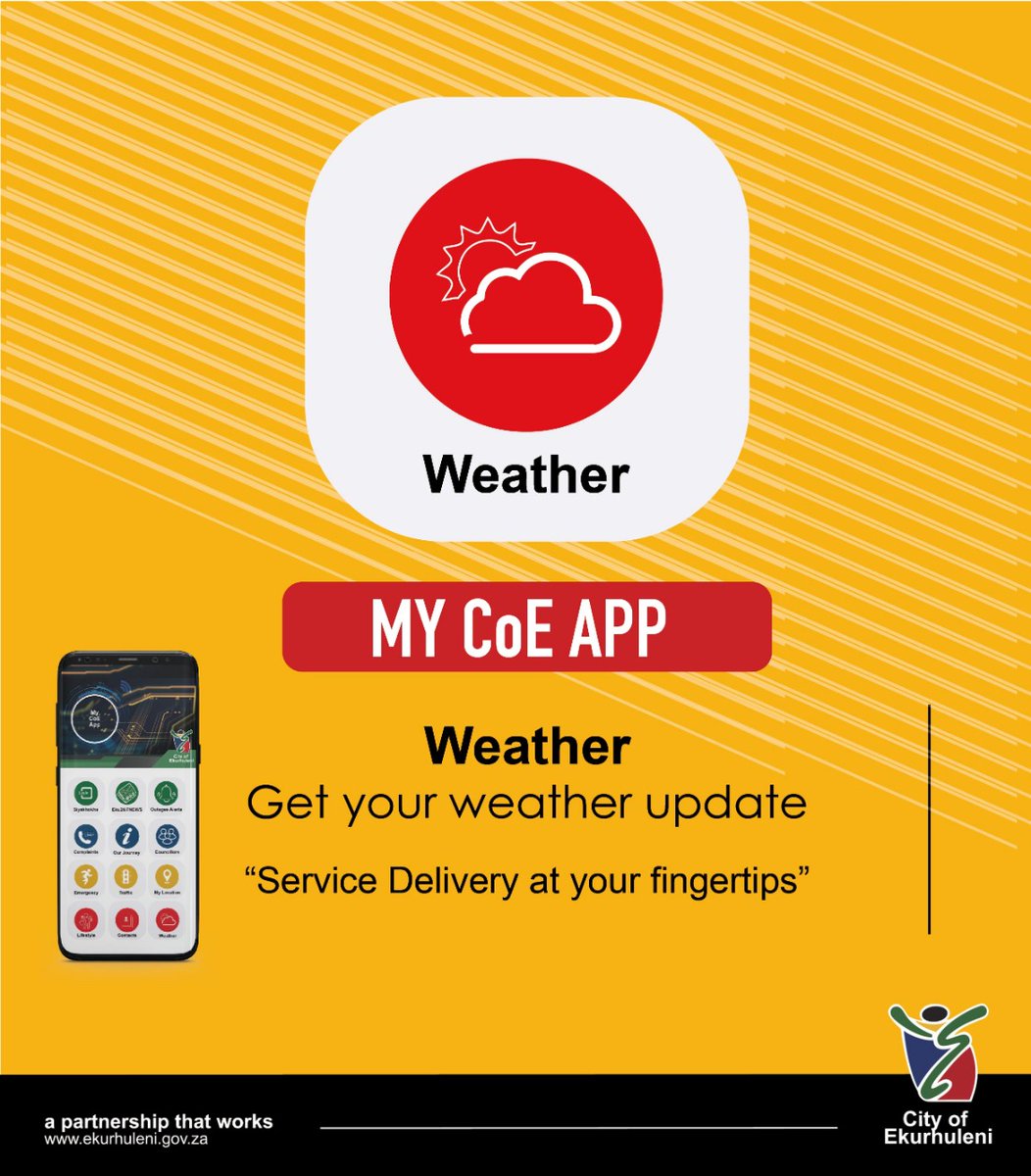 City_Ekurhuleni's tweet photo. Whatever the occasion, My CoE App brings you the latest weather forecast at the touch of a button. My CoE App can be downloaded from Play/App stores. Contact 011 999 5102 with any problems downloading or navigating.
#MyCoEApp #ServiceDeliveryAtYourFingertips https://t.co/aofaguI3wa