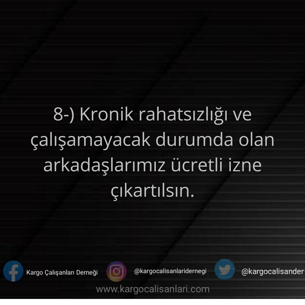 kargocalisander's tweet photo. 8-) Kronik rahatsızlığı ve çalışamayacak durumda olan arkadaşlarımız ücretli izne çıkartılsın.
...
#kargo #kargoçalışanlarıderneği #işçi #işçihakları #gunaydin #ücretliizin #işsizlik #emekçidenyanaol #işçidenyanaol https://t.co/v9K39a0k6N