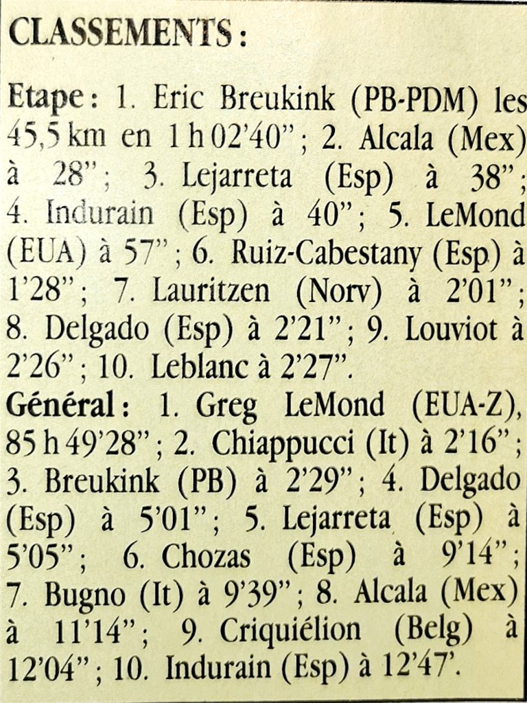 OlivPerrier's tweet photo. Derrière au général, Lejaretta conforte sa 5e place et son équipier Chozas prend la 6e au détriment de Bugno. 4e de l'étape, Indurain prend la 10e place du général et vient confirmer ici que chez Banesto, on s'est peut-être trompé de leader #TDF90 https://t.co/wgepcHH0tD