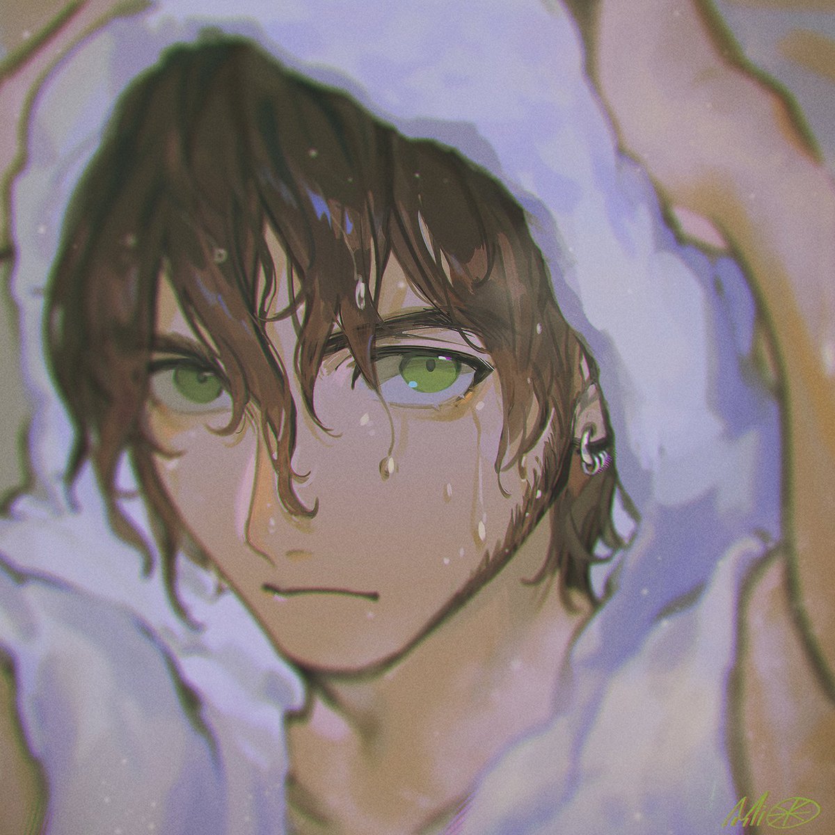 1boy male focus green eyes wet hair solo wet towel  illustration images