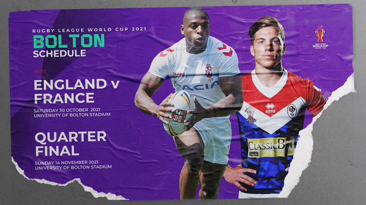 🏉 Fixtures announced for #RLWC2021 🎉
 
Bolton hosts:

🏴󠁧󠁢󠁥󠁮󠁧󠁿 v 🇫🇷 on Sat, Oct 30
🏆 Men’s QF on Sun, Nov 14

bit.ly/2CvBioo
