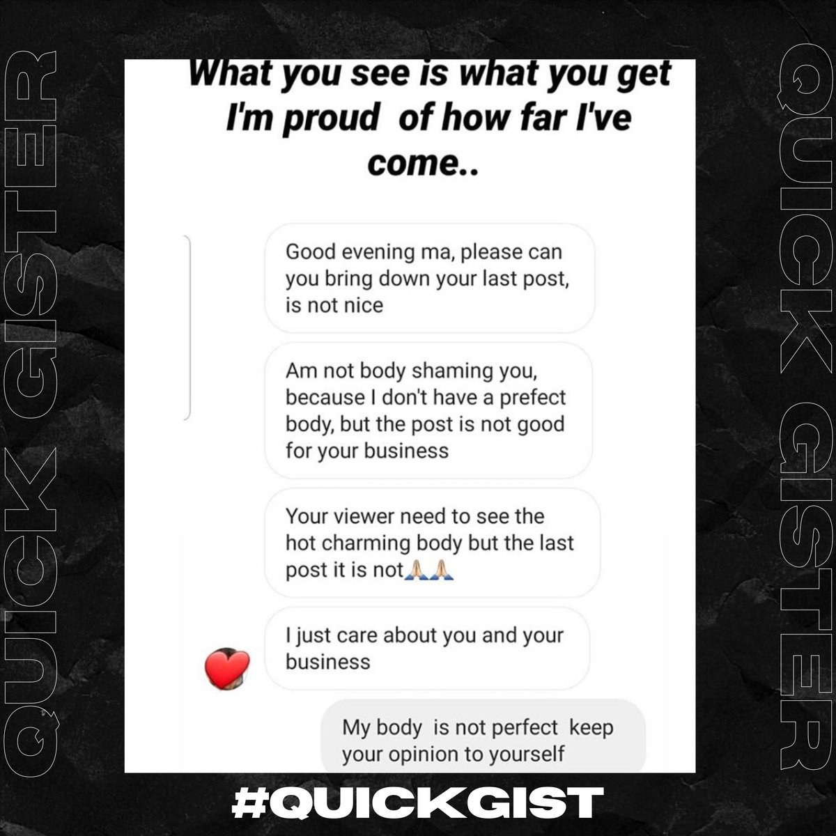 quickgister's tweet photo. #Bbnaija Uriel slam a follower who advised her to use Photoshop to hide her body flaws #QuickGist https://t.co/qNKdRHFQXf