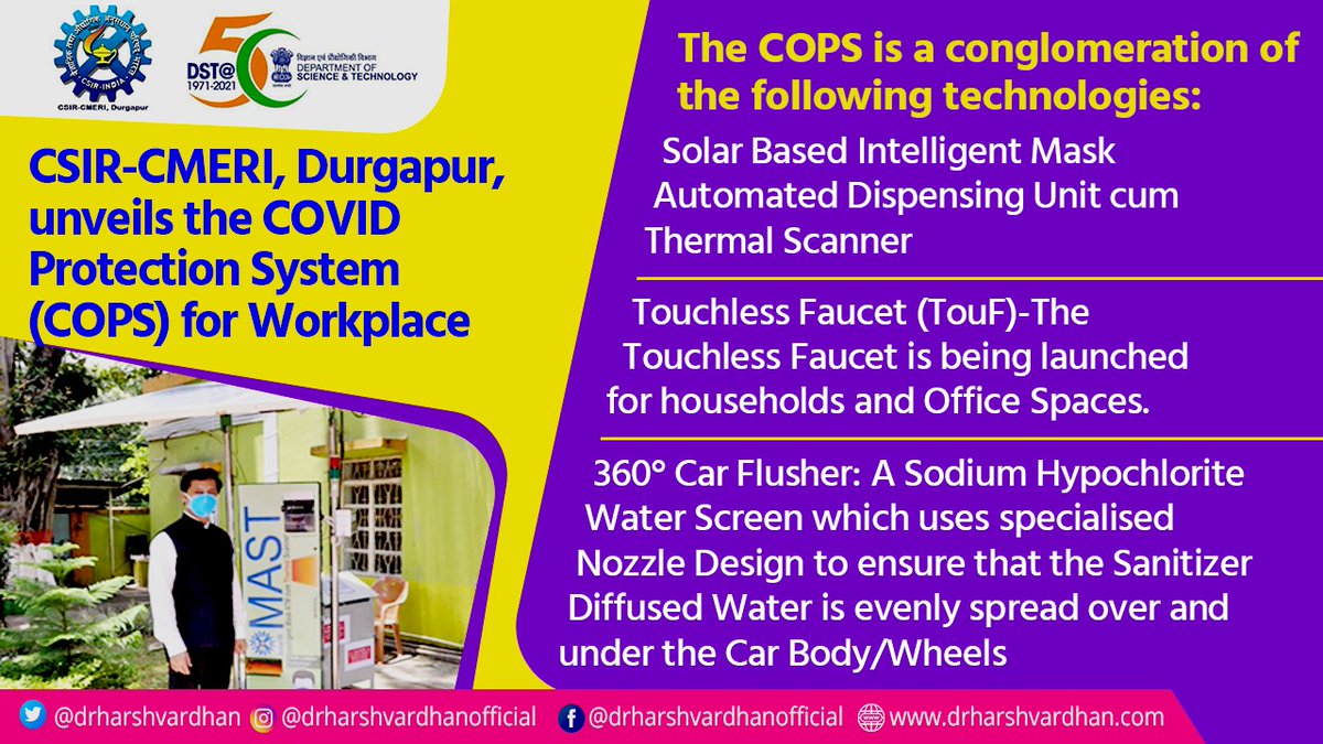 drharshvardhan's tweet photo. CSIR-CMERI, Durgapur, has unveiled #COVID Protection System (#COPS) for workplace with contactless Solar Based Intelligent Mask Automated Dispensing Unit cum Thermal Scanner (IntelliMAST), Touchless Faucet &amp; 360° Car Flusher for Technology Transfers and Product Orders.
@CSIR_IND https://t.co/DNtTdVIflp
