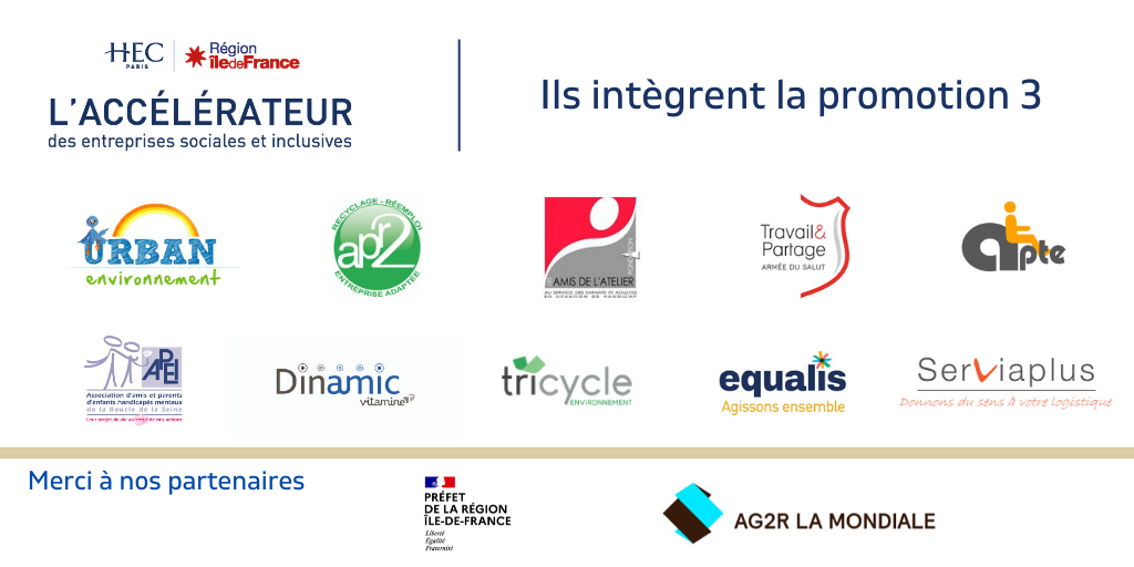 HECParis's tweet photo. Bienvenue à ces 10 entreprises inclusives #ESS et lauréates de la Promo 3 de l'#AccélérateurESS @iledefrance: @APR2_recyclage @fondation_amis @ApeiBs @groupevitamineT @tricycle_env @Equalisorg, Urban Environnement, Travail &amp; Partage-Armée du Salut, APTE &amp; Serviaplus https://t.co/ByKjHo9zoz