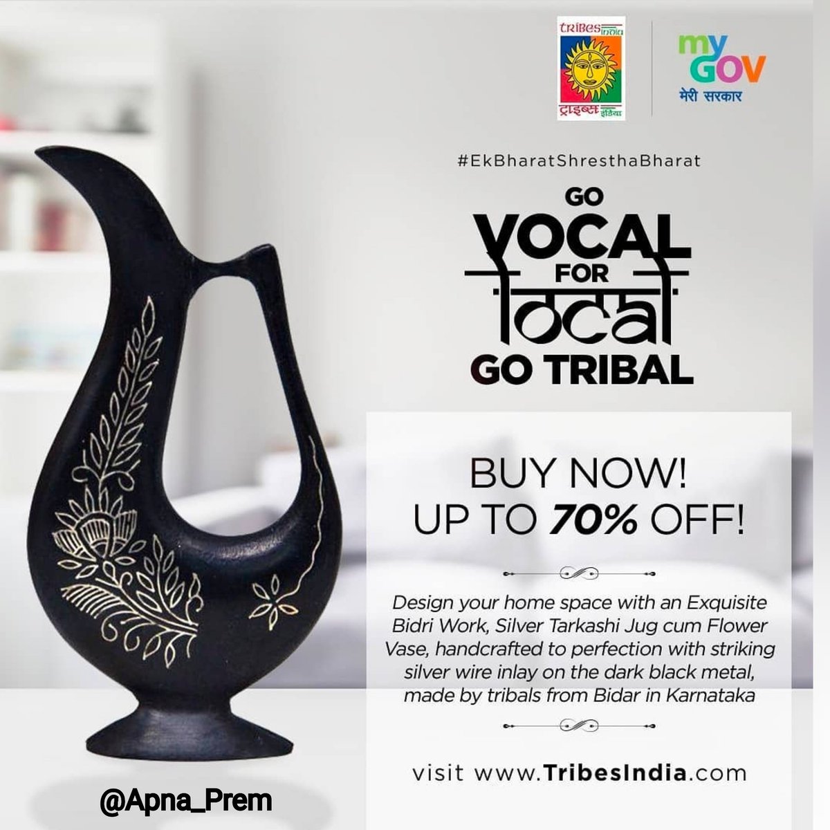 apna_prem's tweet photo. #VocalForLocal 
#EkBharatShreshthaBharat 
Design your home space with an Exquisite Bidri Work Silver Tarkashi Jug cum Flower Vase, handcrafted to perfection with striking silver wire inlay on the dark black metal,

Made by tribals from Bidar in Karnataka. @tribesindia https://t.co/trcEhzynbU
