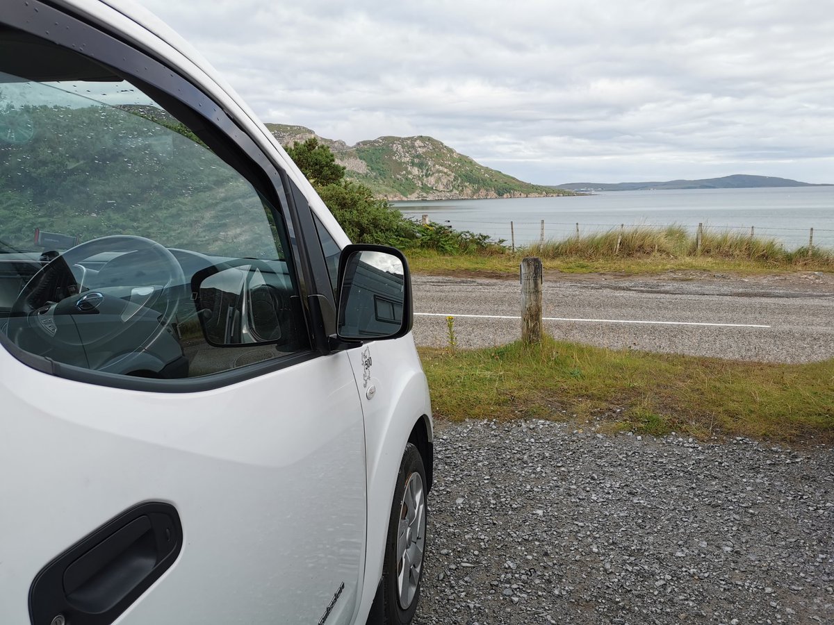 DawnInTheNorth's tweet photo. Stage 4 complete - Ullapool to Gairloch, with a stop overnight in Gruinard Bay camping with friends. At 59 miles I felt like this is really stretching my 24kwh range but due to the ups and downs of the route I came into Gairloch with 19% power #EV #roadTrip #NC500 https://t.co/6Nrw4otHGl