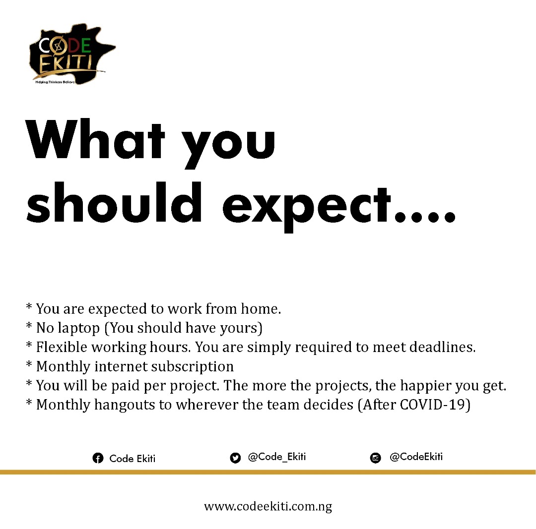 code_ekiti's tweet photo. Interns needed.

Send a short email to info@codeekiti.com.ng and why you should be picked.

#CodeEkiti #ICanCode #YouCanCode #EveryoneCanCode https://t.co/XwrsSq6lEF