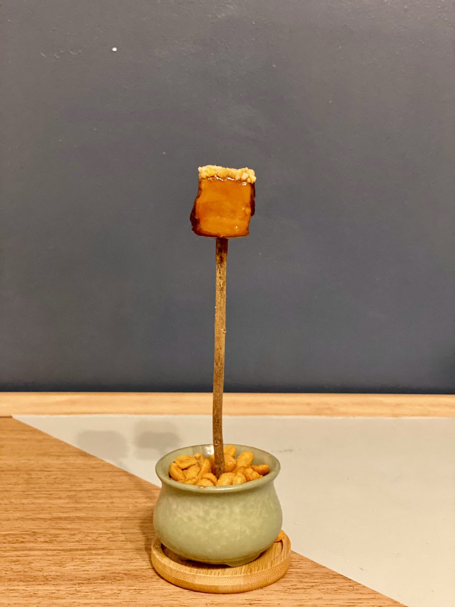 sijewitt's tweet photo. Tare glazed pork , schezwan peanuts . ( stick foraged from the garden ) https://t.co/wKGYanIK1g