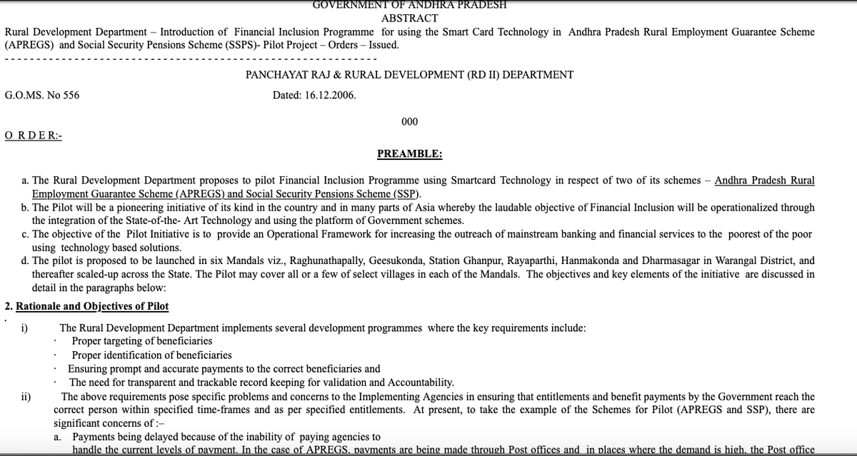 Thread on origins of bio-metrics in banking and subsidy delivery with Electronic Banking System in Andhra Pradesh in 2006. This is about the AP smart card project. This is the true origin of biometrics with  #Aadhaar & Direct Benefit Transfer System.  https://web.archive.org/web/20071208194644/http://www.rd.ap.gov.in:80/GOs/smartcard_go556_161206.htm