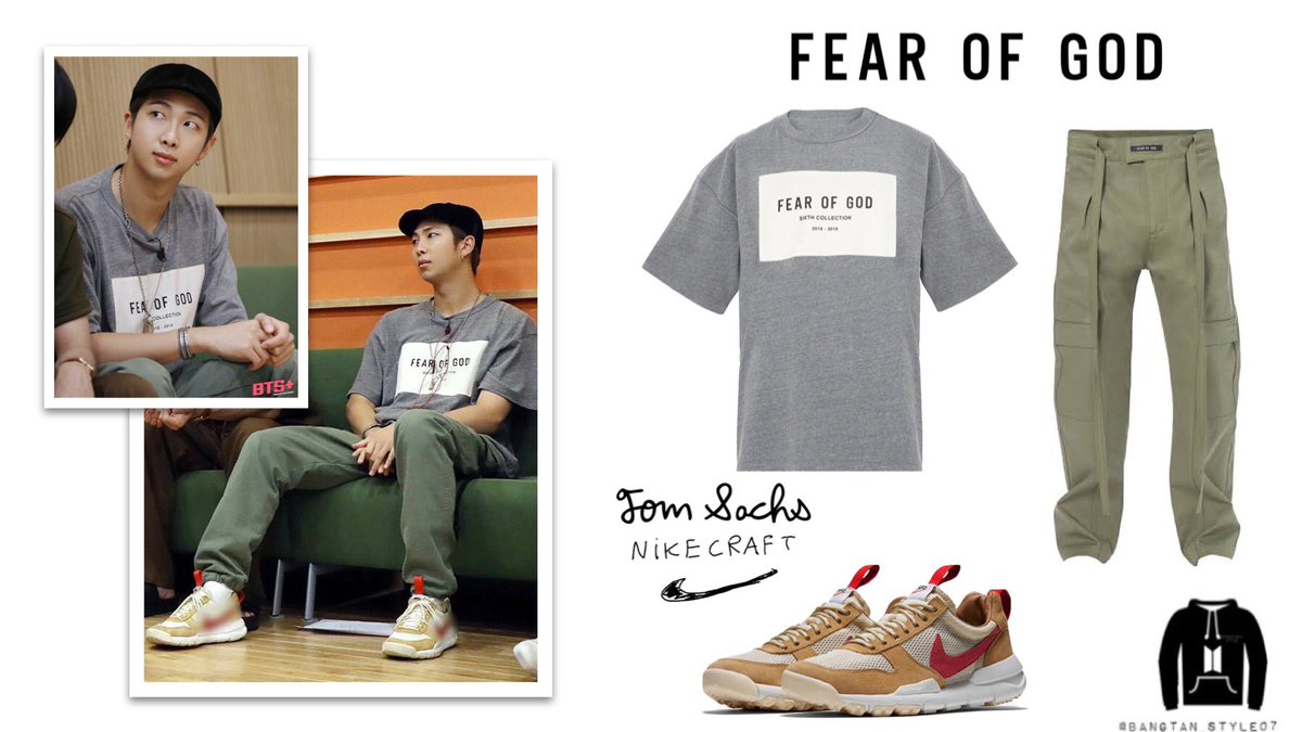 RUN BTS Episode 109Namjoon was wearing FEAR OF GOD Sixth Collection Tee ($395) & Baggy Cargo Trouser ($525) & TOM SACHS X NIKE Mars Yard 2.0 2017 ($200-8000+) #MTVHottest BTS  @BTS_twt