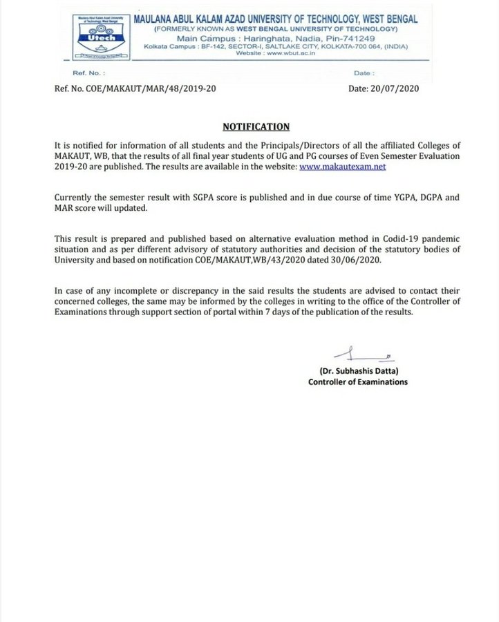 du_assassins's tweet photo. Maulana Abul kalam Univeristy, West Bengal declared final year Results without holding Exam's. The Univeristy goes against UGC decision then why not other Universities can do the same? https://t.co/s2aavsLZwA