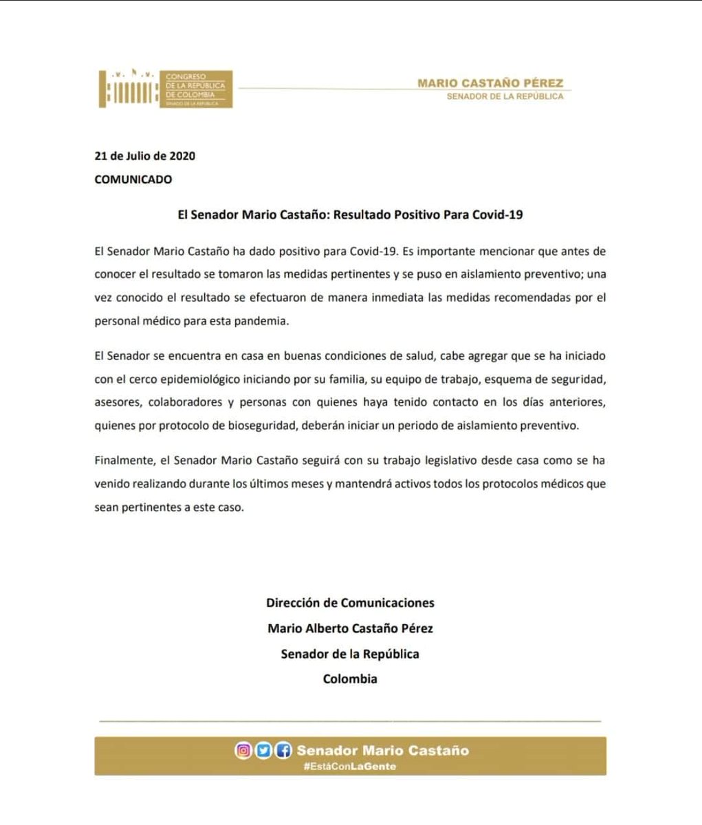 MarioCasPe's tweet photo. Siguiendo los protocolos de seguridad opté por hacerme la prueba y el resultado fue positivo. Mi familia y yo nos encontramos en cuarentena, tomando las inidicaciones médicas. La invitación es a cuidarnos, esta pandemia es una realidad y nos ha tocado a todos. @PartidoLiberal https://t.co/tIklolUNKZ