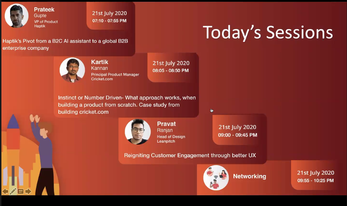 PrajwalOfficial's tweet photo. 🎯Product Thinking Conference 2020 🎯
Let's Kickstart #ProductThinking Conference - Day 2 #PTC2020 @prod_thinking @leanpitch
Some amazing sessions lined up for today as well :)
Speakers include @superprat @kartik_kannan
#ProductDesign #ProductManagement #ProductInnovation #ptcon https://t.co/Ozlc3dwnkT