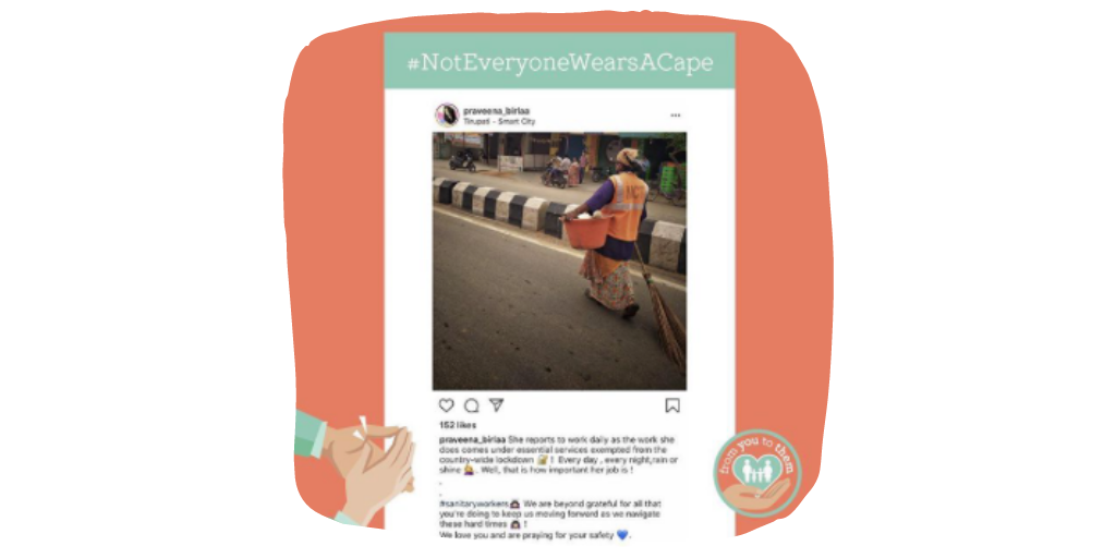 We join @praveena_birlaa in appreciating the #selfless service of #sanitary workers and every #essential service worker during this time. #NotEveryoneWearsACape 

#CovidWarriors #FromU2them #CovidCare #Inspirational #EssentialWorkers #AdoptAFamily #CovidRelief #Relief #StayHome