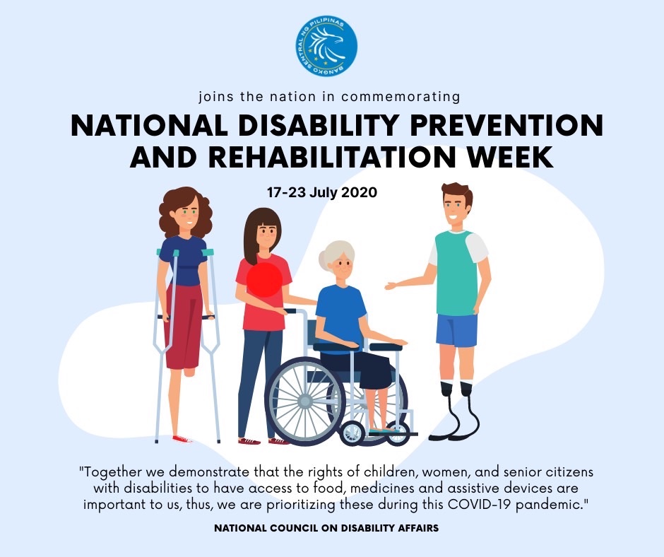 BangkoSentral's tweet photo. We join the National Council on Disability Affairs and the entire nation in commemorating National Disability Prevention and Rehabilitation Week
#NCDA
#NDPRweek
#BSP https://t.co/ortOaLSykT