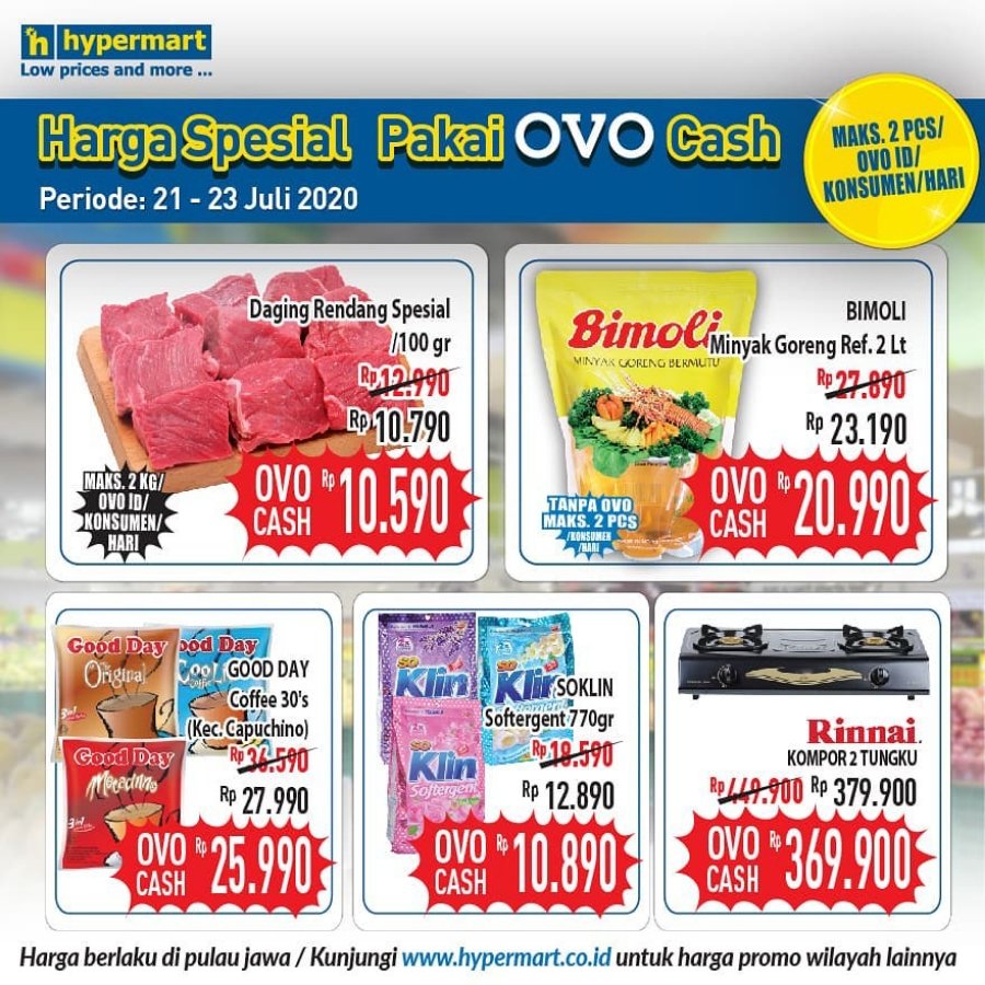 HypermartP's tweet image. Ayo, segera isi OVO Cash-mu dan dapatkan harga spesial untuk pembelian produk pilihan, maksimal 2 pcs/OVO ID/Konsumen/Hari
Periode berlaku dari tanggal 21 - 23 Juli 2020.
Jangan sampai kelewatan, belanja lebih hemat hanya di Hypermart!

#promo #promokoran #hypermartpakuwon