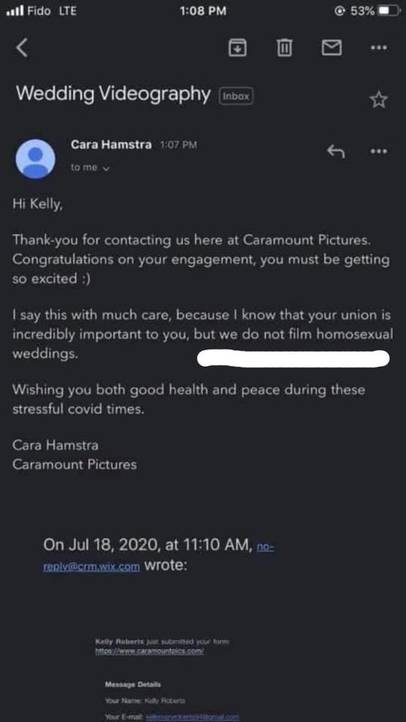 laynabrett's tweet photo. @caramountpics is a homophobic business, refusing to work with a gay couple.  We have it in writing.   Sounds like it would make a great story.... @CBCToronto https://t.co/I2SKUeKIgX