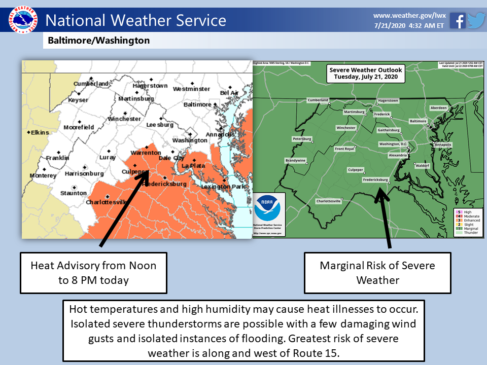 MDMEMA's tweet photo. Yesterday's heat &amp; humidity is expected to return today, and a heat advisory has been issued from noon - 8 p.m.

There is also a marginal risk of severe thunderstorms across much of Maryland, w/ damaging winds &amp; isolated instances of flooding possible. #MdWx https://t.co/QOYz9BTLyw
